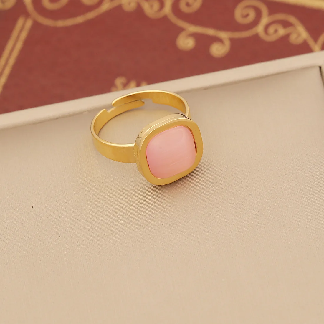 (anillo) Conjunto De Collar, Pulsera Y Pendientes De Acero Inoxidable Con Ópalo Rosa Cuadrado
