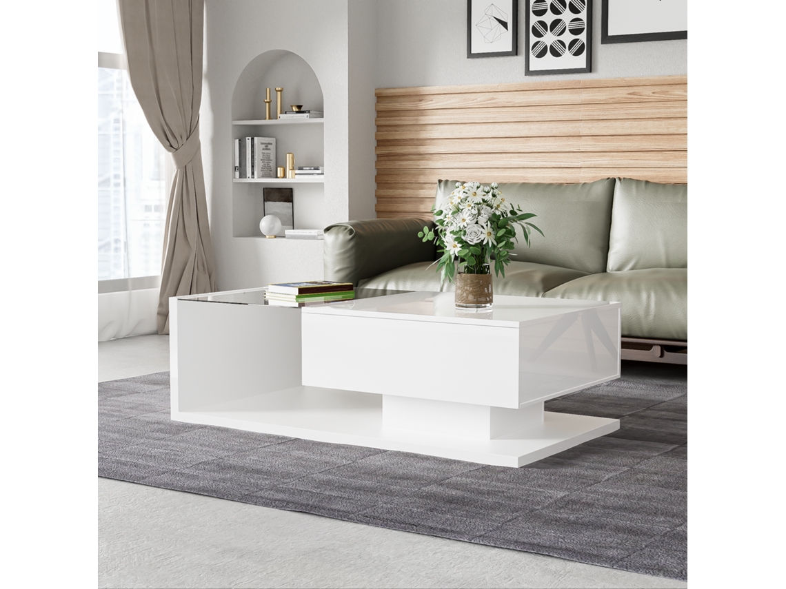Mesa de centro con LED de cristal y paneles de partículas blancas