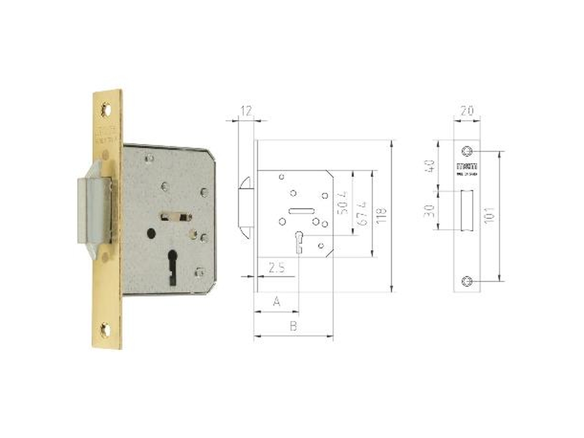 Mcm cerradura embutir madera 1515-2-35 35 canto recto latonado