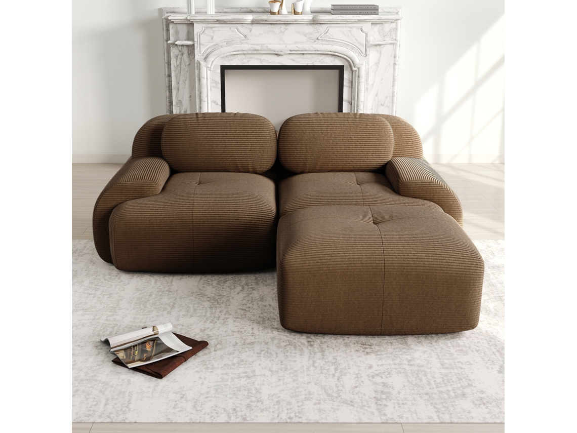 Sofá esquinero modular de 2 plazas con tapizado de espuma y brazos curvos, marrón, MOBRIO