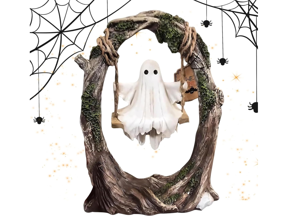 Estatua De Fantasma Columpiándose En Un Árbol: Decoración Espeluznante De Resina Para Mesa O Centro De Mesa.