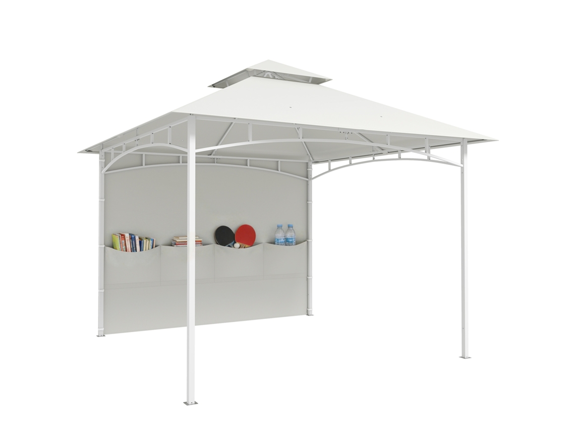 Cenador de jardín metálico de 3x3 m con cortinas, bolsillos, espacio de almacenamiento, gancho y techo, color blanco/crema.