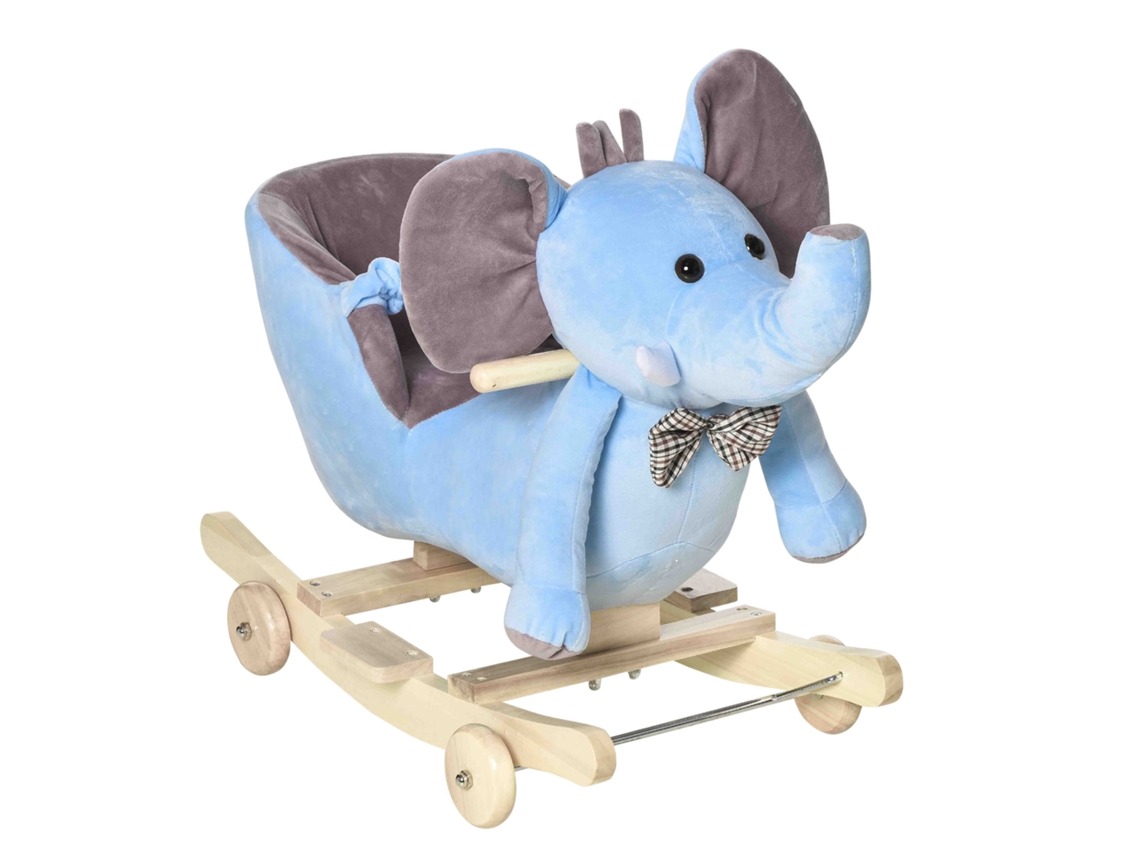 Caballo balancín con forma de elefante (a partir de 18 meses), ruedas con respaldo y cinturón de seguridad, madera blanda y acero, 60x35x45 cm, juguete infantil, azul.