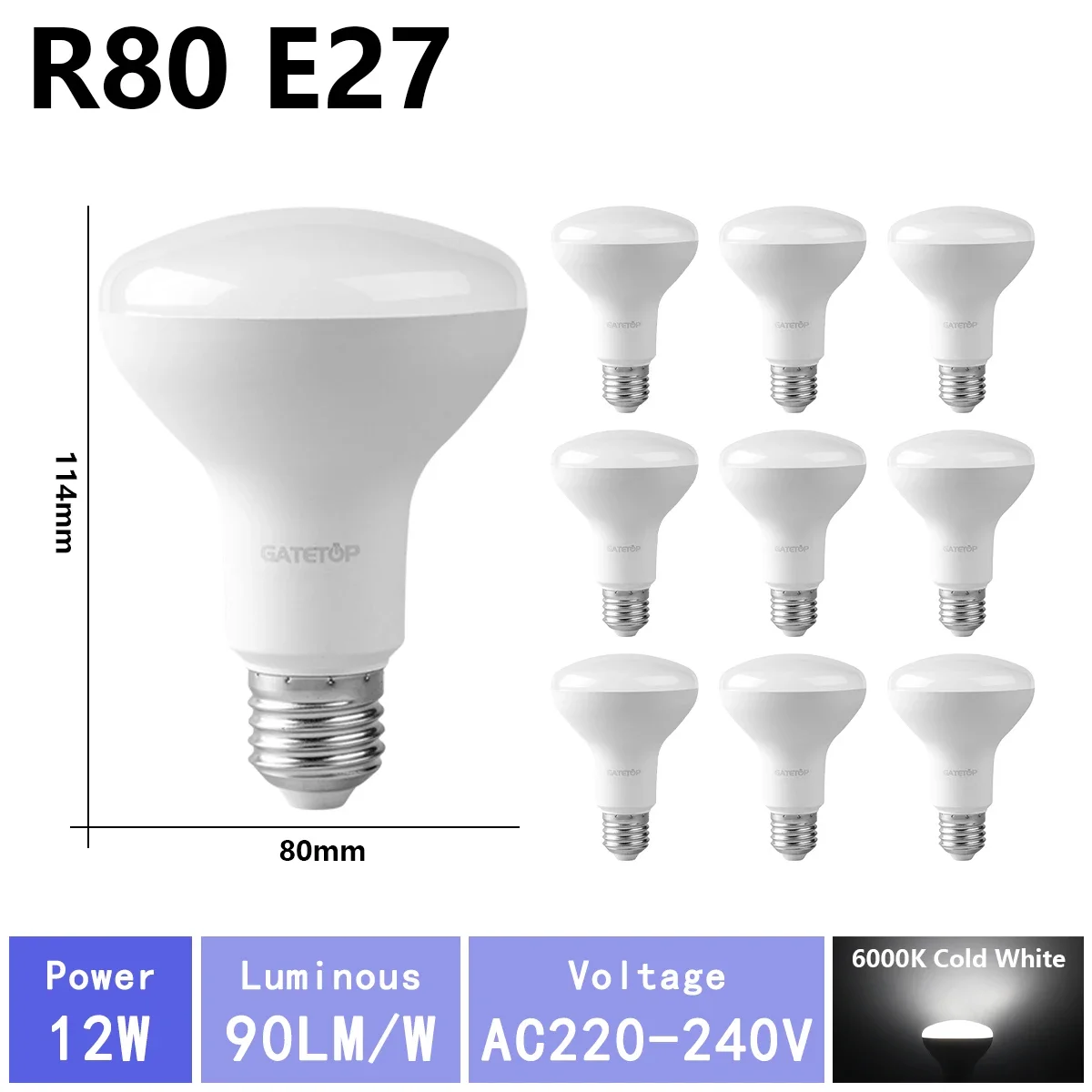 (r80 6000k, Ac220v-240v) 10 Bombillas Led De Alto Brillo, Aptas Para Iluminación De Baño, Sin Parpadeo, Para Uso Doméstico.