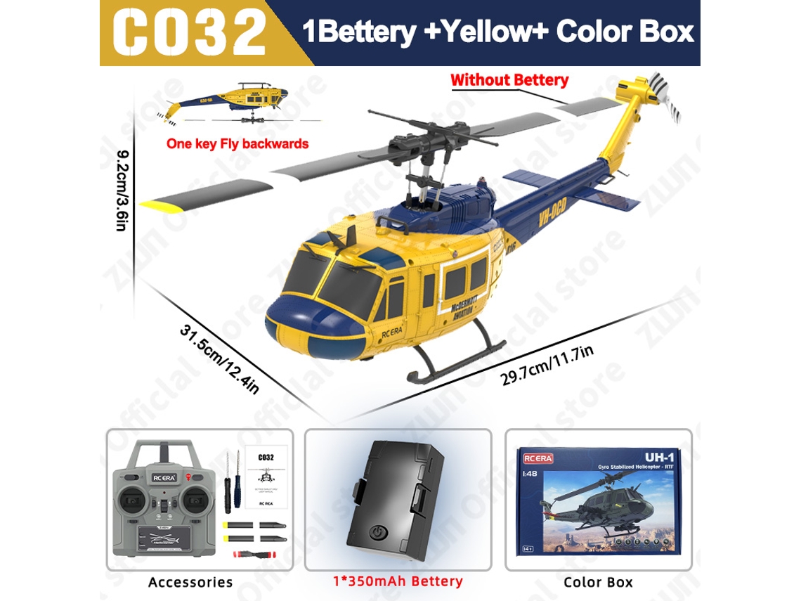 Helicóptero RC C032 2.4G, giroscopio de 6 ejes, 6 canales, retención de altitud, flujo óptico, helicóptero de control remoto sin escobillas para niños, amarillo Aeuzwr