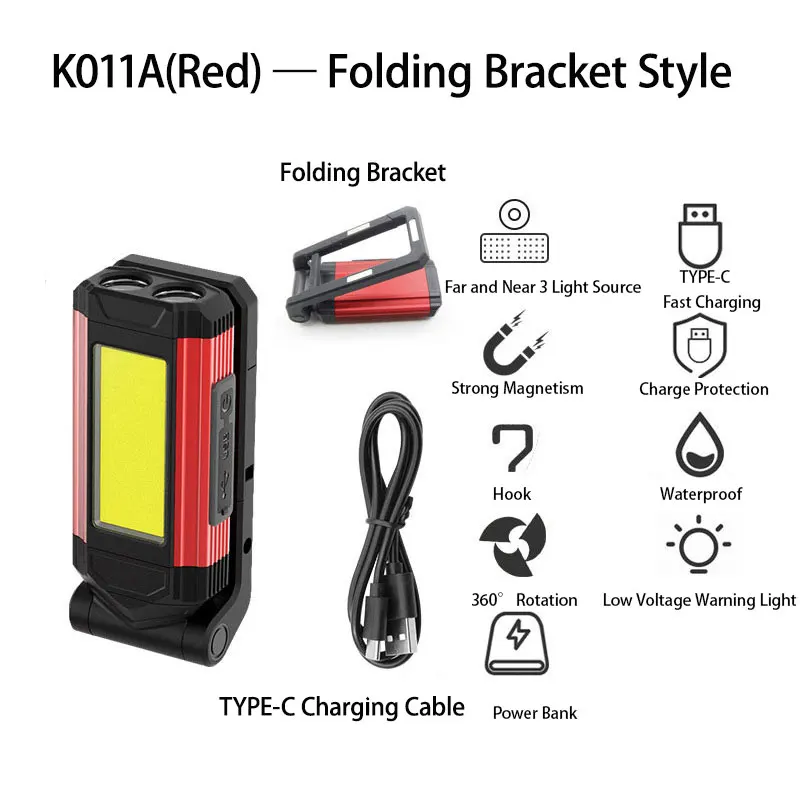 Linterna de trabajo magnética COB portátil - Recargable - Súper brillante - Resistente al agua - Ideal para acampar - Con soporte