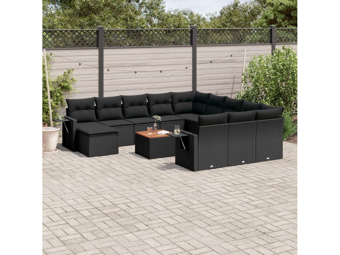 Conjunto de sofá de jardín de 13 piezas con cojines de mimbre sintético negro, Dkd Home Decor