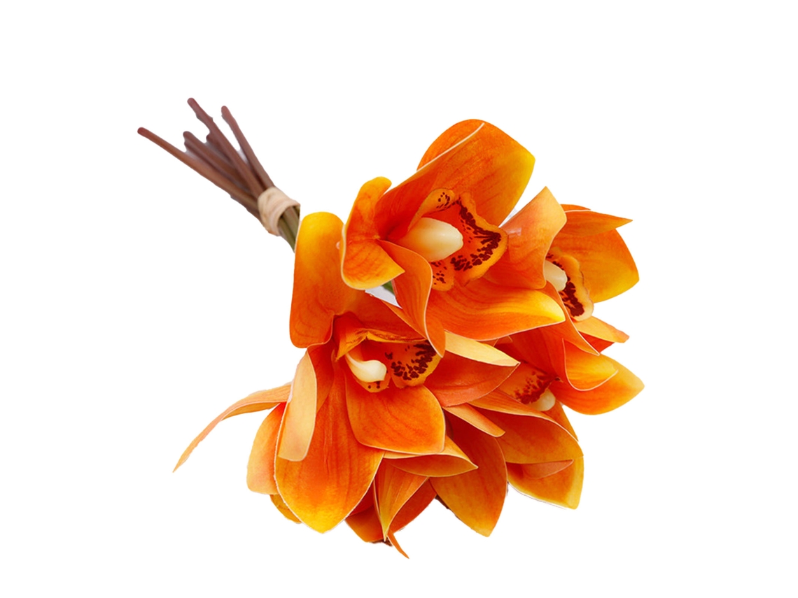 Baok - Decoración de orquídeas artificiales, 6 tallos, flores de seda impresas en 3D con alambre de hierro para bodas y fiestas - Naranja