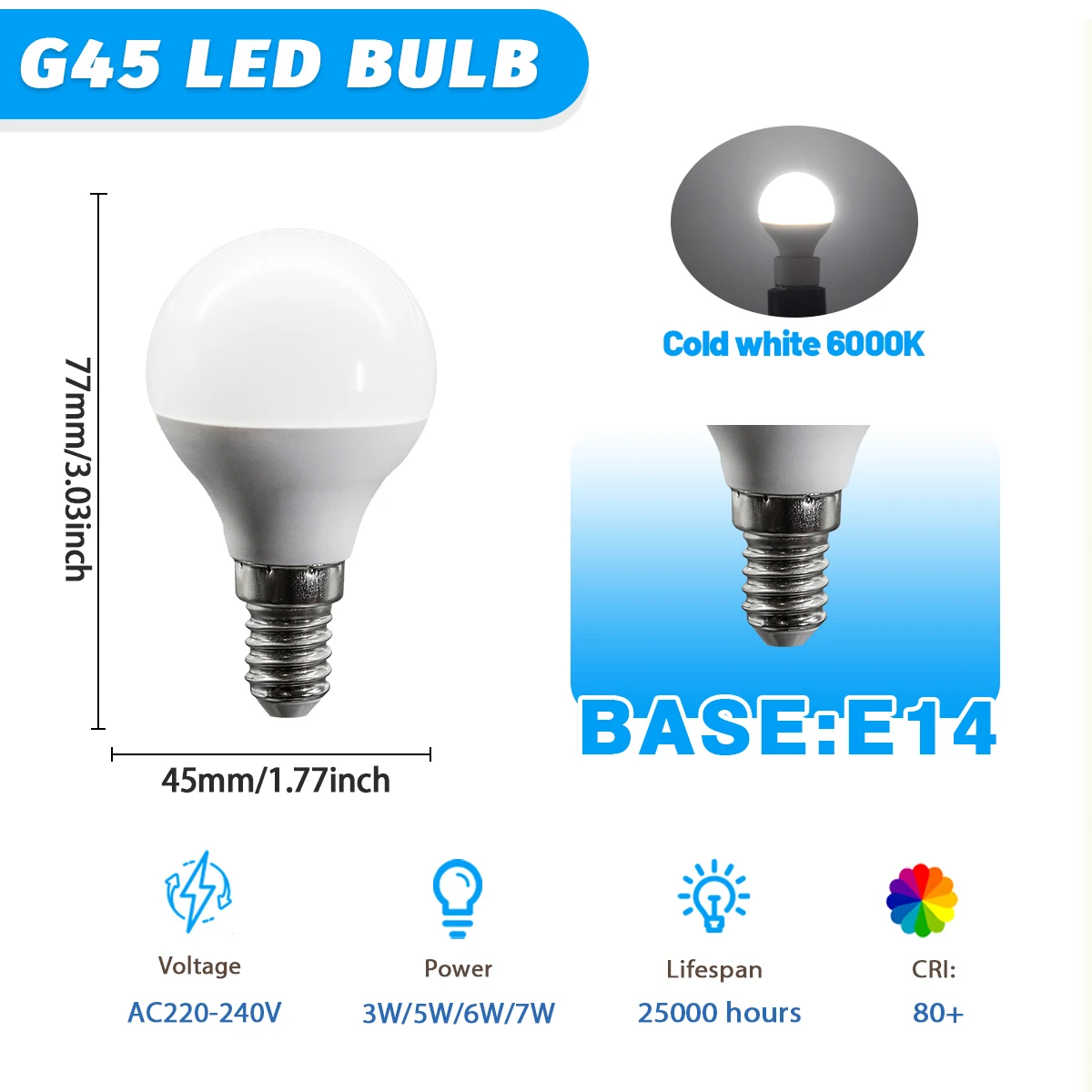 (e14 6000k, 6w) Cuatro Bombillas Led G45, Ac220v-240v, Sin Parpadeo, Respetuosas Con La Vista, Aptas Para Iluminación Doméstica.