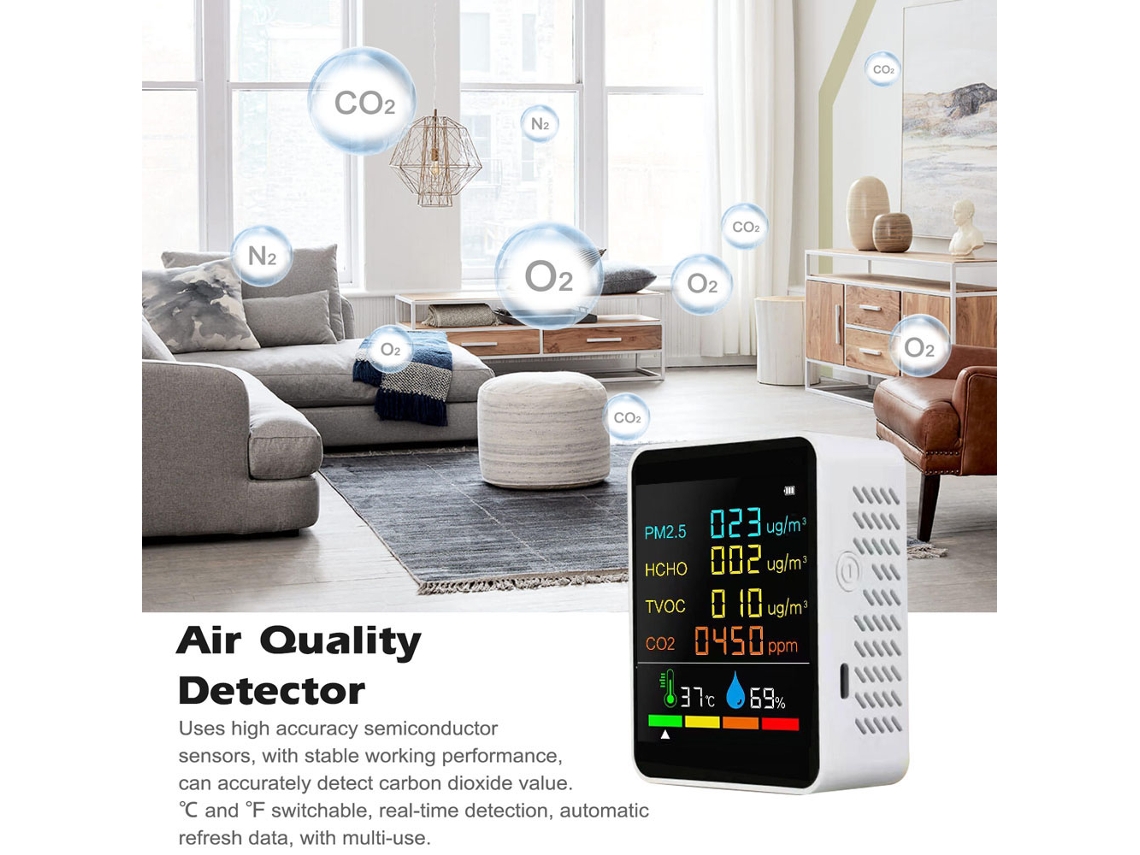 Detector de calidad del aire con pantalla LCD para CO2, PM2.5, TVOC, HCHO, temperatura y humedad.