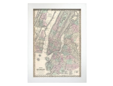 Póster NACNIC Geográficos en Estilo Vintage. Mapa de Nueva York de 1865. Ilustraciones de Antiguos Mapamundis en Tonos Sepia. Tamaño A3, Sin Marco.