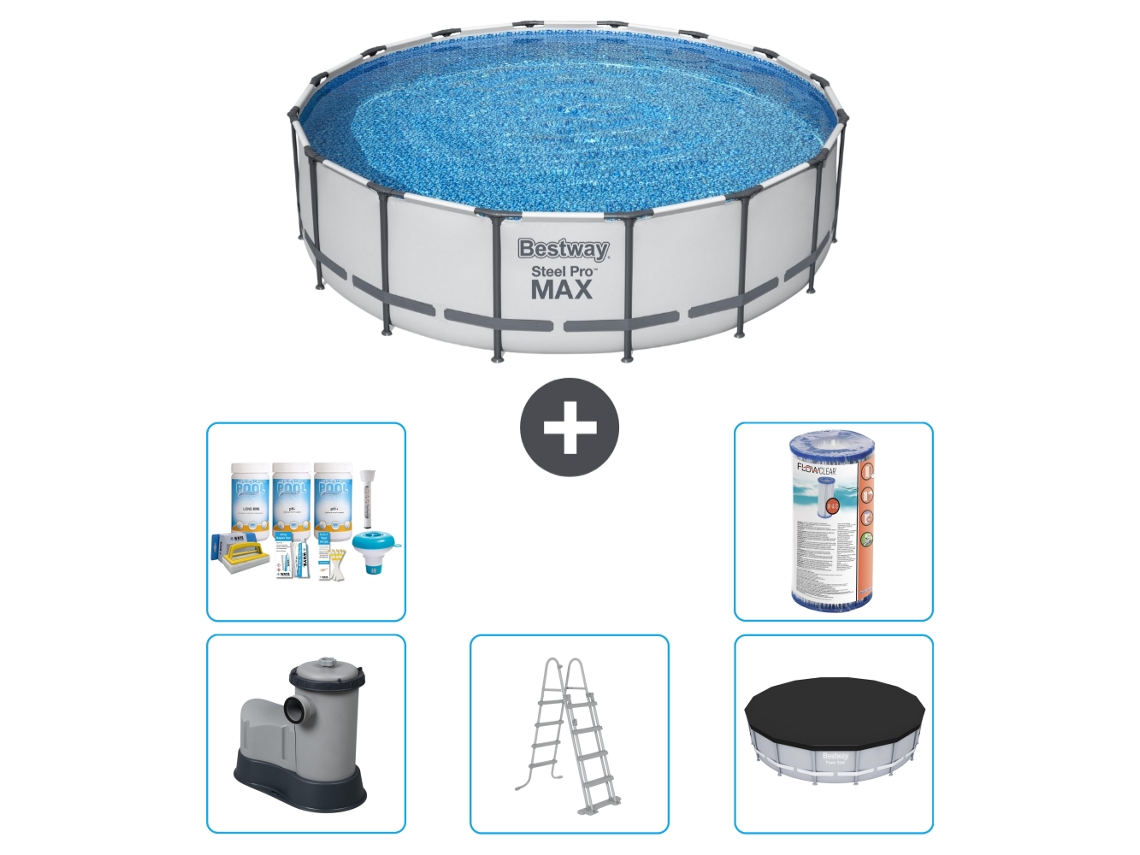 Piscina BESTWAY Round Steel Pro MAX - 488 x 122 cm - Gris - Bomba incluida - Escalera - Cobertor Paquete de mantenimiento - Filtrar