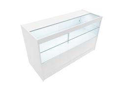 Mostrador comercial LED C1500 MonsterShop, MDF blanco, vidrio templado, 150x60x90 cm, 3 estantes