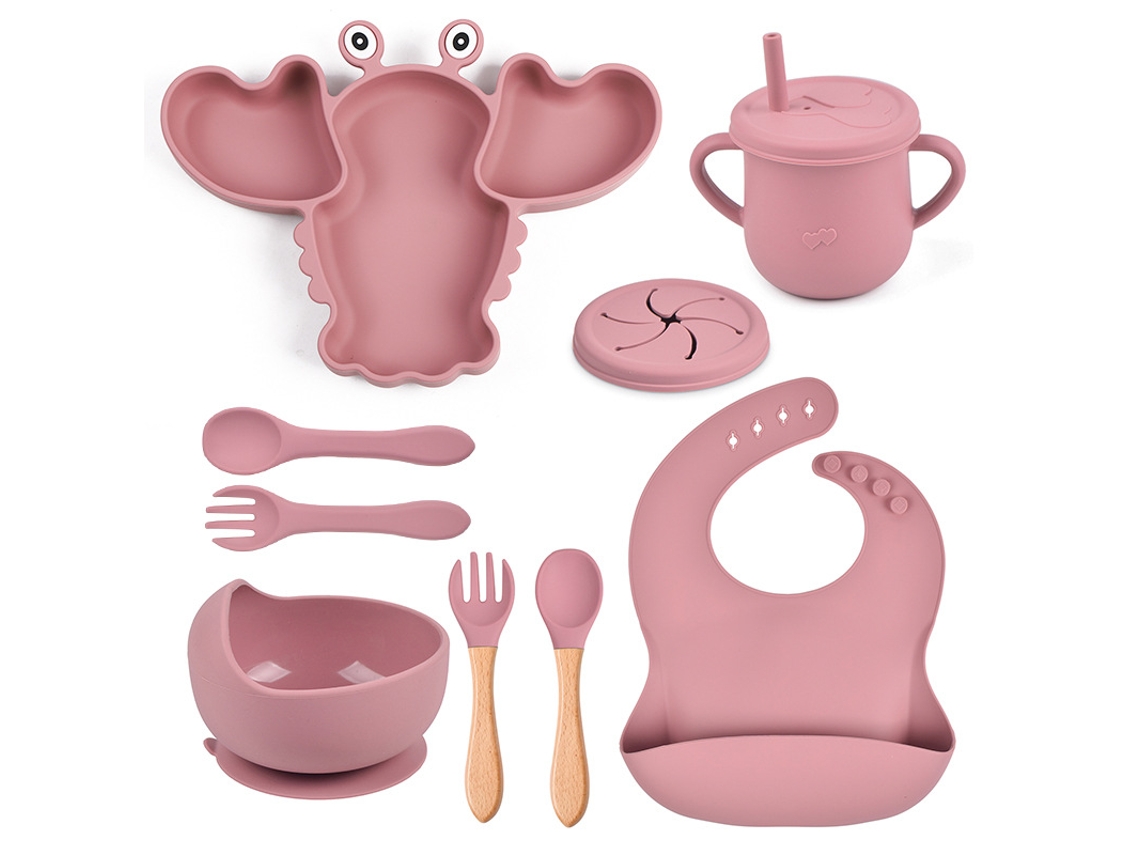 Kit de alimentación para bebés PANOONA de silicona con forma de langosta, 8 piezas con ventosas, sin BPA, rosa oscuro.