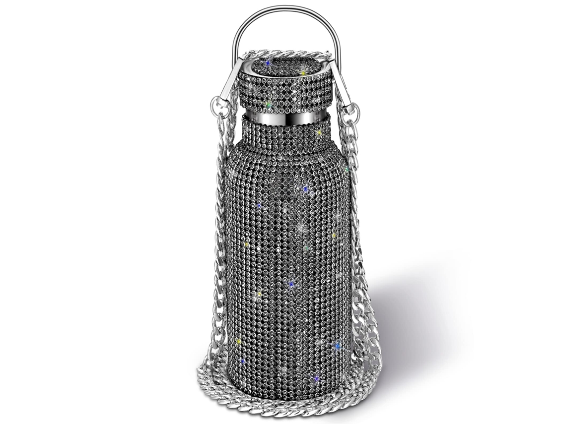 Botella de agua térmica de acero inoxidable con diamantes de imitación (negra, 500 ml)