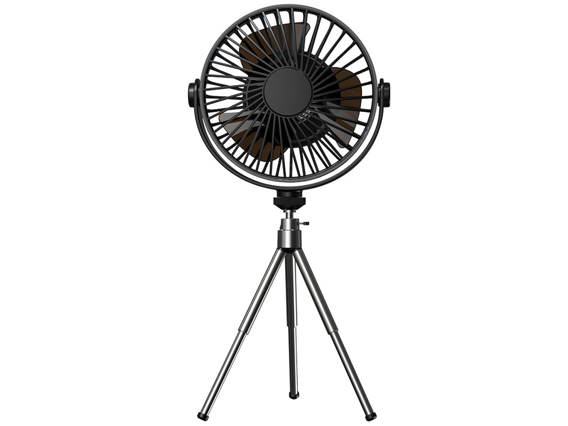 Ventilador portátil con trípode, recargable por USB y con 3 velocidades, ideal para acampar.