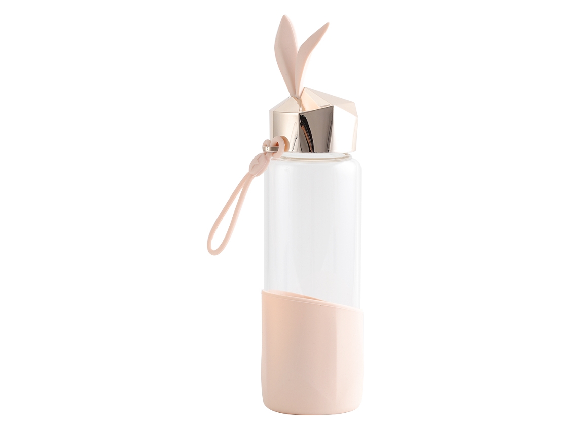 JILLIOPER Botella de Vidrio 350ml con Dibujo de Conejo de Dibujos Animados, Vaso para Beber en Casa o Oficina (Dorado Champagne)