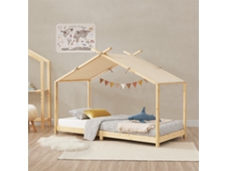 Cama para niños Brome en forma de casa con techo desmontable madera pino 90 x 200 cm - Natural y Beige [EN.CASA]