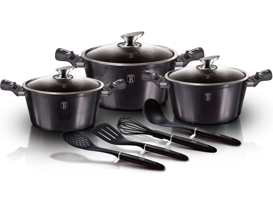 Batería Cocina Inducción 10 Piezas, Antiadherente Mármol Sin Pfoa, Aluminio, 3 Cazuelas Tapas Berlinger Haus Carbon Pro Gris