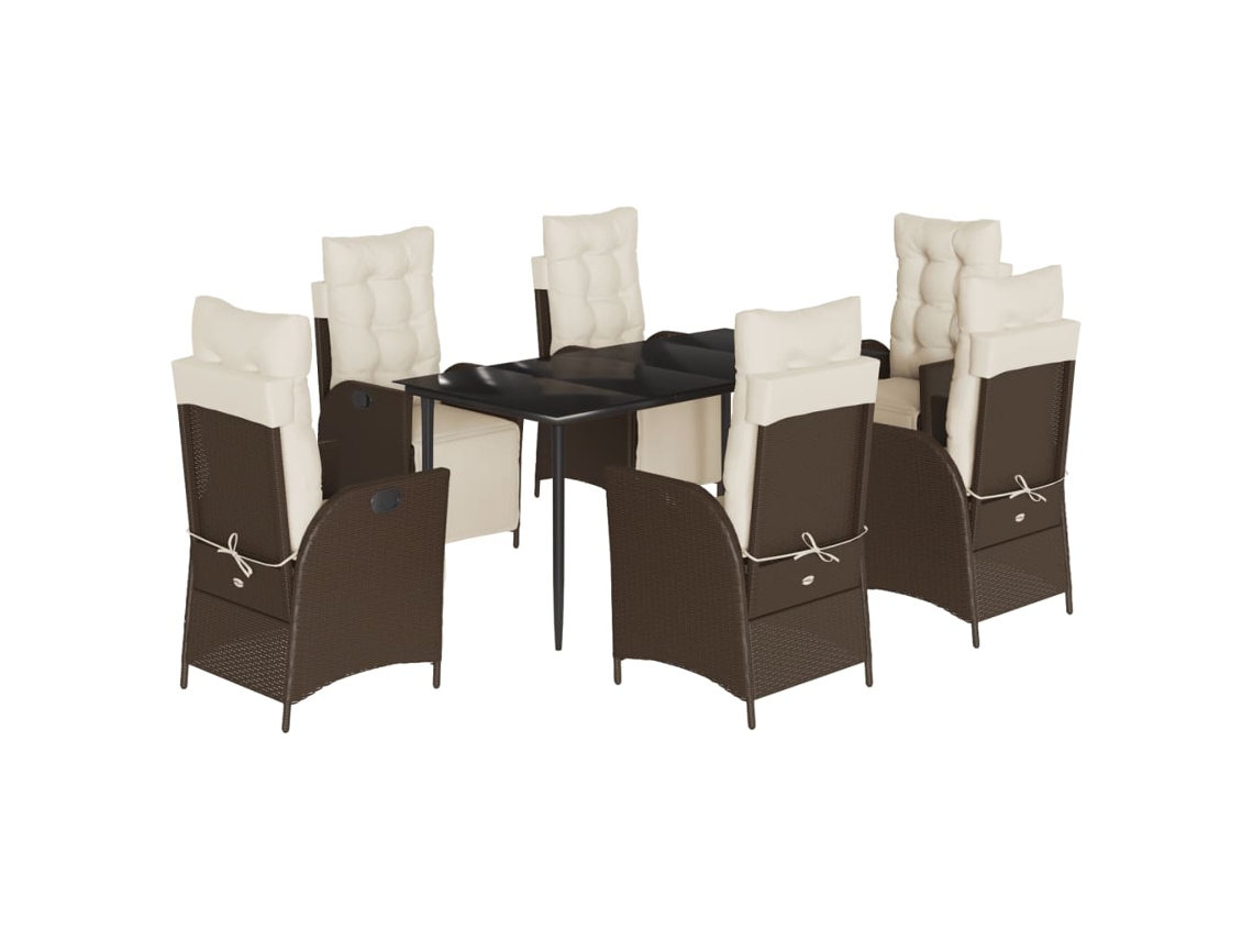 Juego de 7 piezas de comedor de jardín con cojines de mimbre, patas marrones, EXCLUSIVA MAISON
