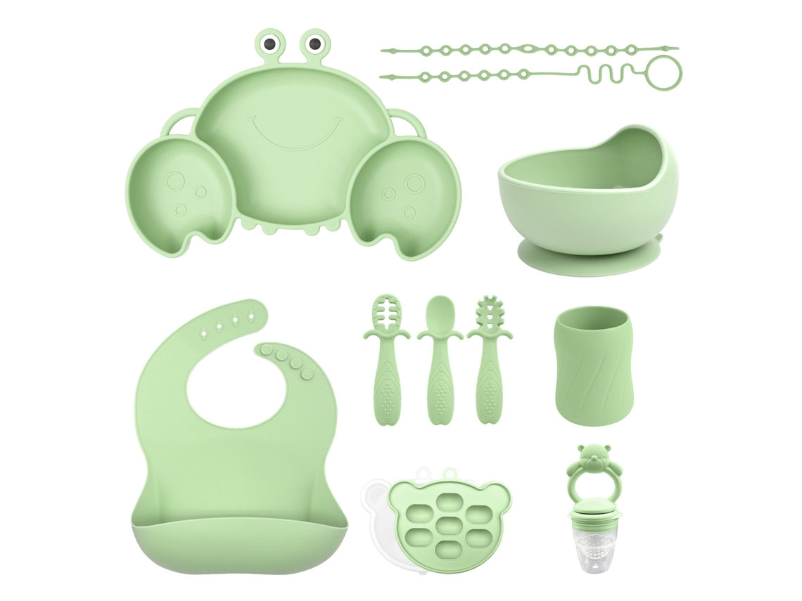 Set De Cubiertos Bebé Eifson 6+ Meses Plato Cangrejo + Vaso Babero 11 Piezas (verde)