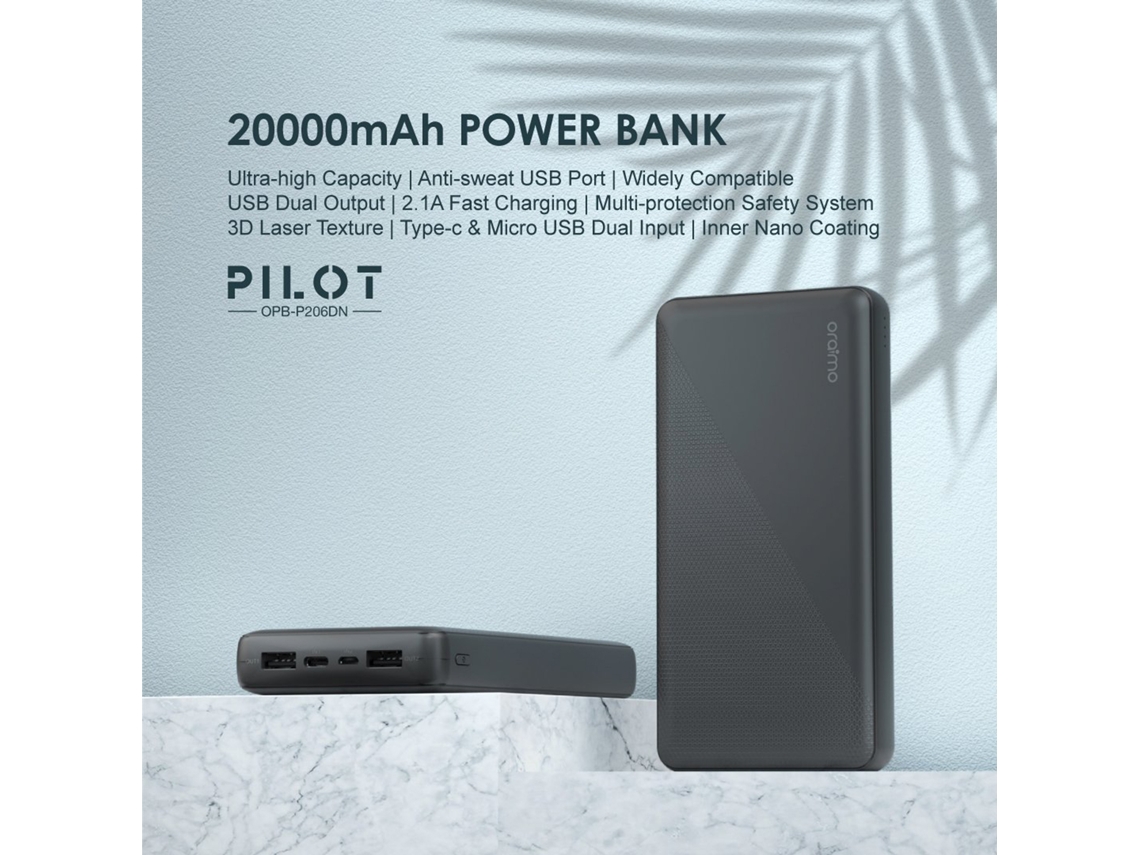 Batería Portátil (20000mah De Alta Capacidad, Carga Rápida 2.1a) Opb-p206dn Negro