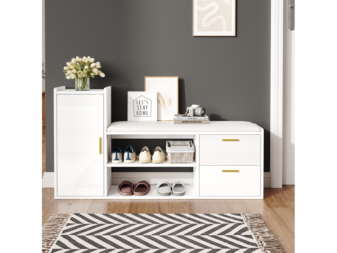 Zapatero MOBRIO con 2 cajones, 1 puerta, asiento acolchado y espacio de almacenamiento, blanco (128 x 30 x 68 cm)