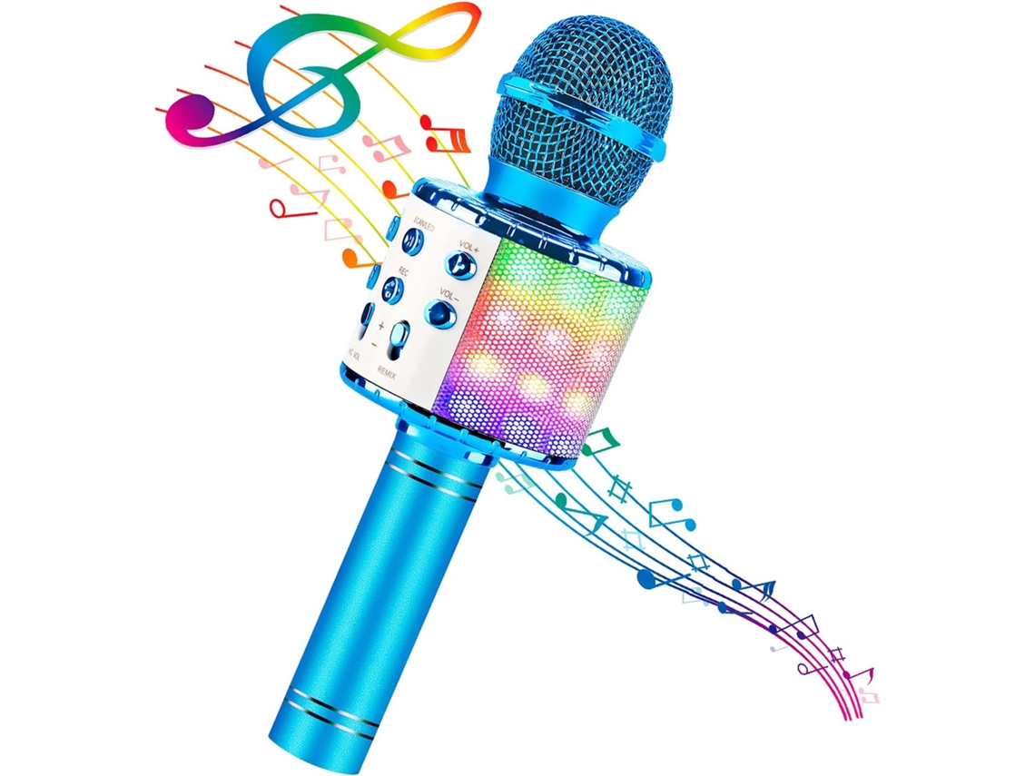 Micrófono inalámbrico Bluetooth, micrófono de karaoke, con luces LED, regalo de cumpleaños para niños y adultos Cuich (azul)