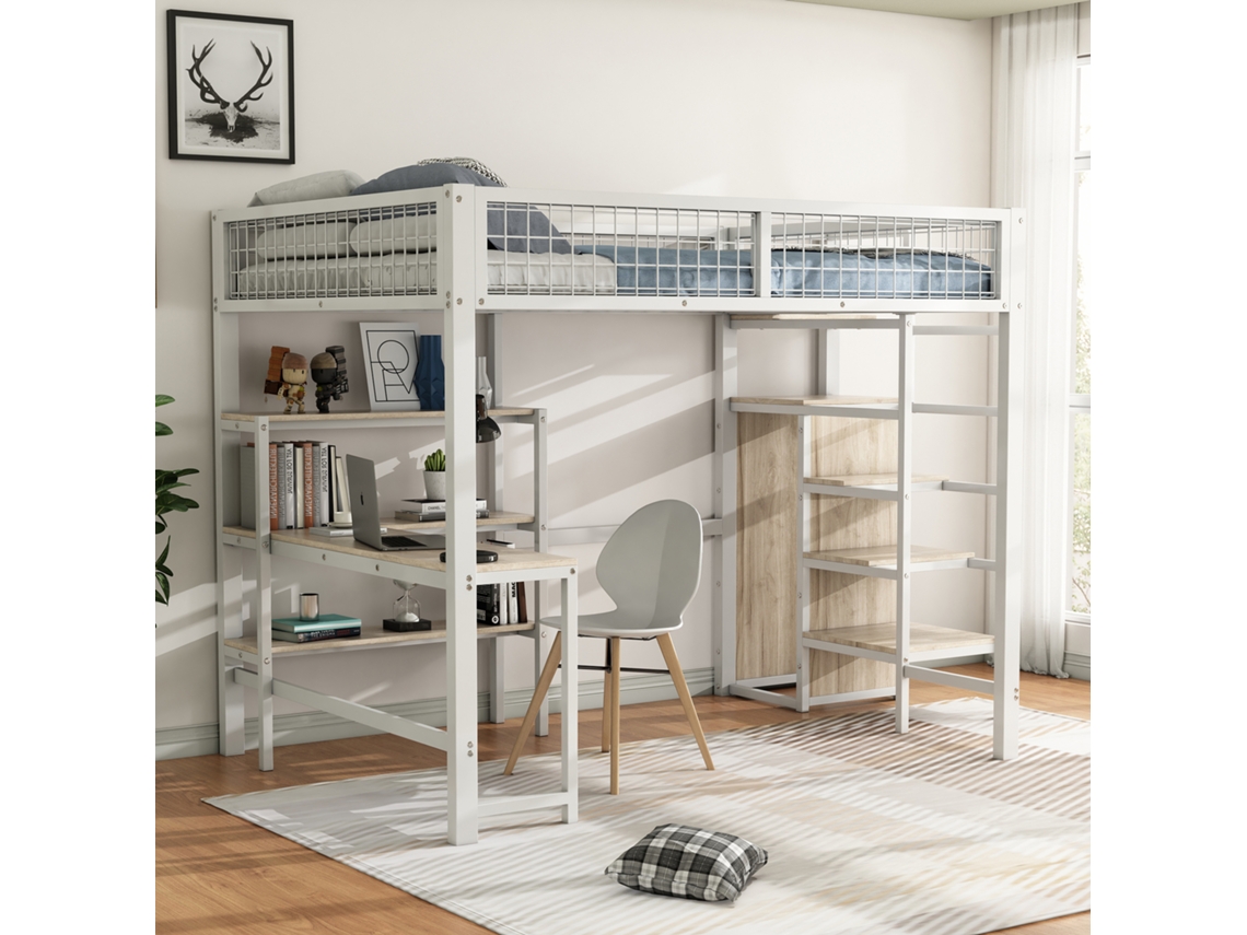 Cama alta, 140*200 cm, cama de hierro, escalera con espacio de almacenaje, múltiples estantes, sin colchón, armario empotrado, escritorio.