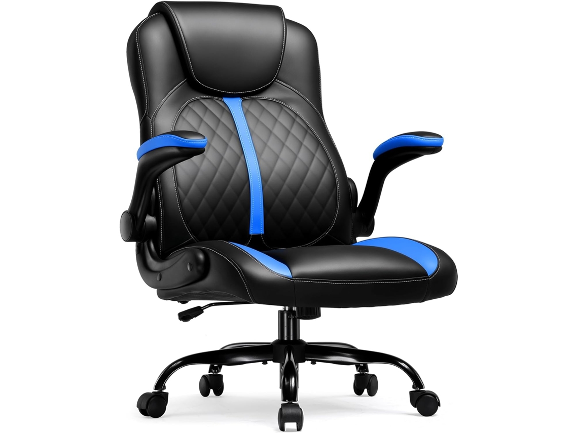 Silla gaming Gtplayer con reposabrazos plegables, función de balanceo, respaldo alto y soporte lumbar ergonómico, piel, azul