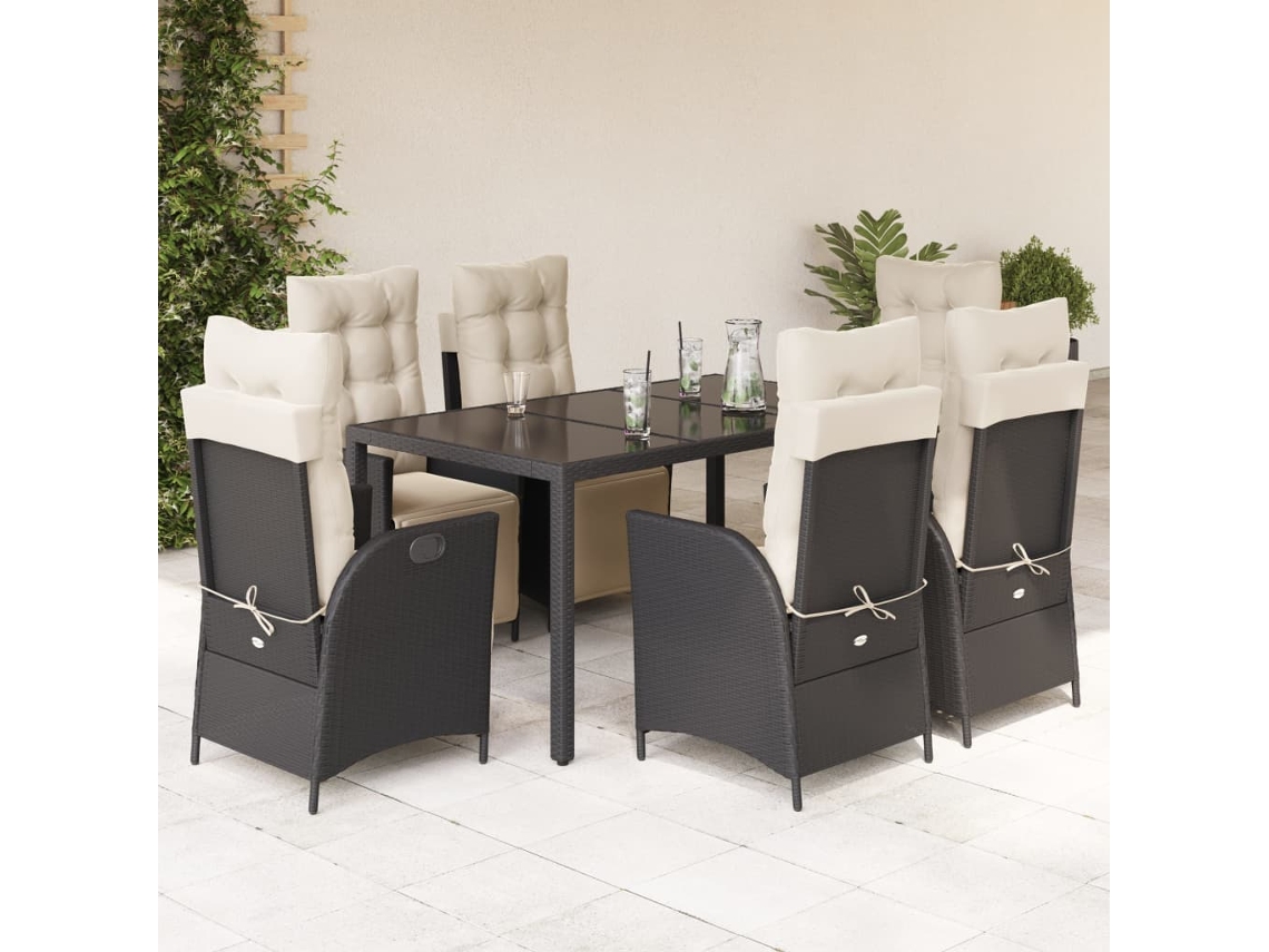 Juego de comedor de jardín de 7 piezas con cojines, mimbre sintético negro, DKD Home Decor