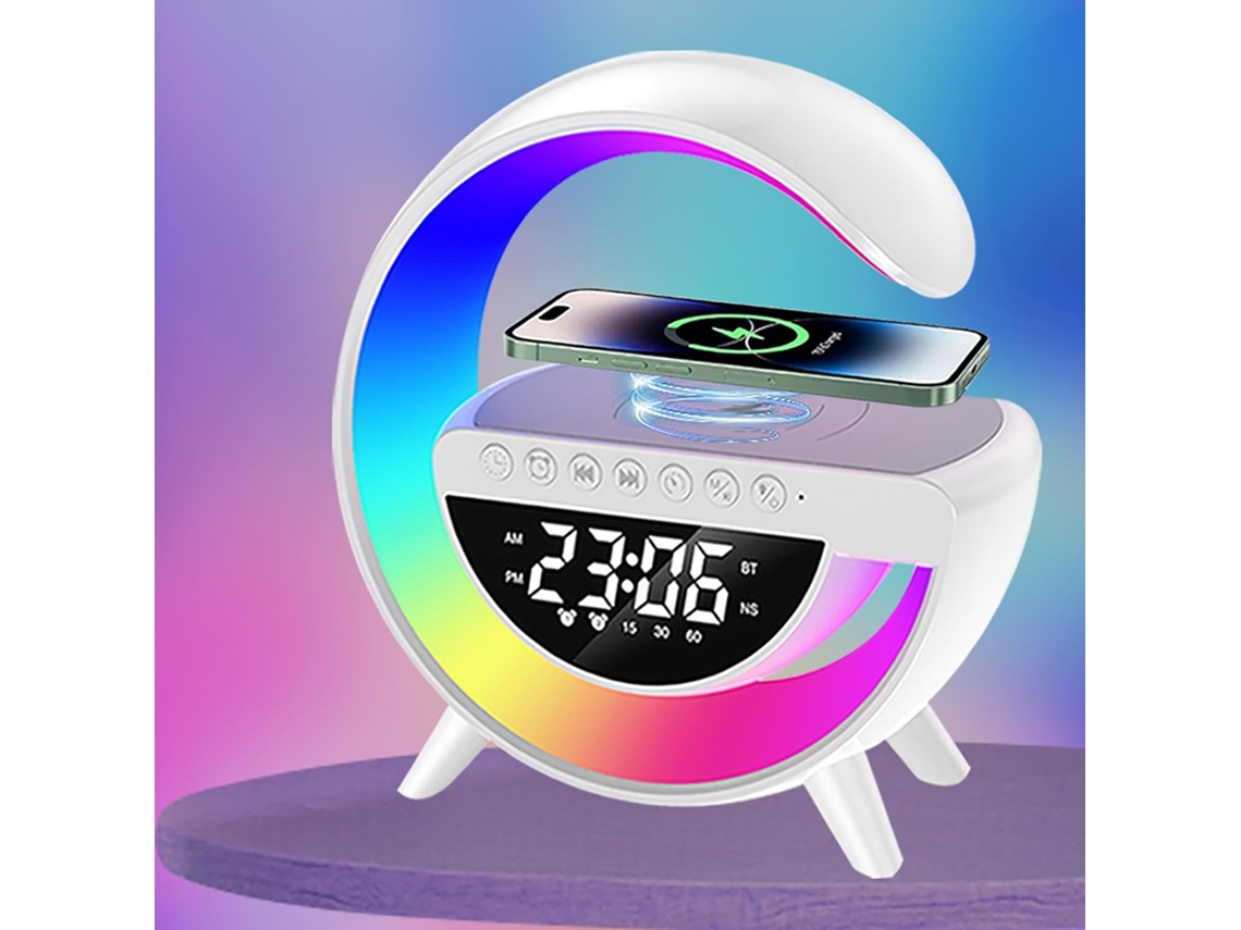Este altavoz Bluetooth multifuncional se puede utilizar como lámpara de escritorio y reloj despertador, y cuenta con carga inalámbrica integrada (blanco).