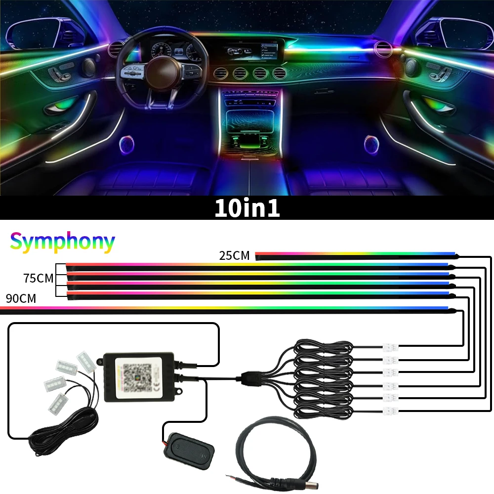 Kit de iluminación ambiental RGB para coche, 213 colores, aplicación móvil, acrílico, 10 en 1, Symphony