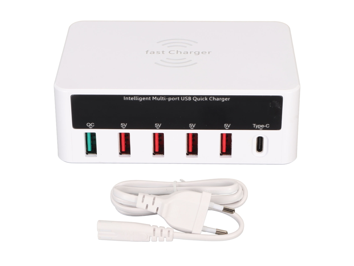 Estación De Carga Rápida Usb De 6 Puertos Con Carga Inalámbrica De 50 W, Enchufe Europeo, Qc3.0