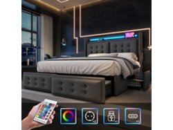 Cama Tapizada 160x200, Cama Doble Con Cabecero Led Y Usb C Y 4 Cajones, Camas De Almacenaje, Grises, Sin Colchón
