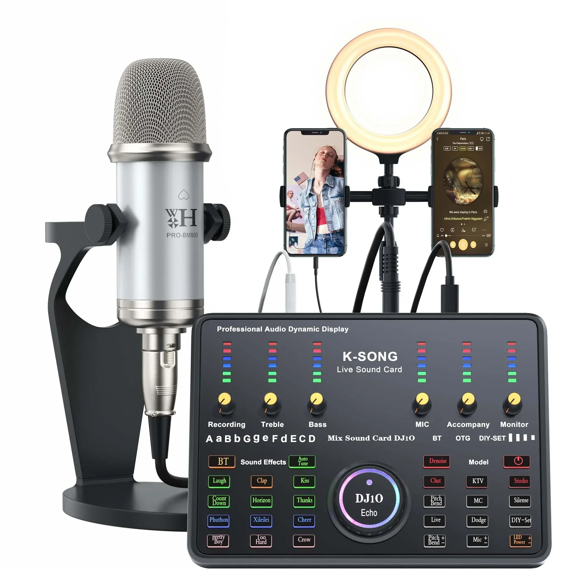 Kit de tarjeta de sonido y micrófono de condensador MDUG (redondo, plateado)