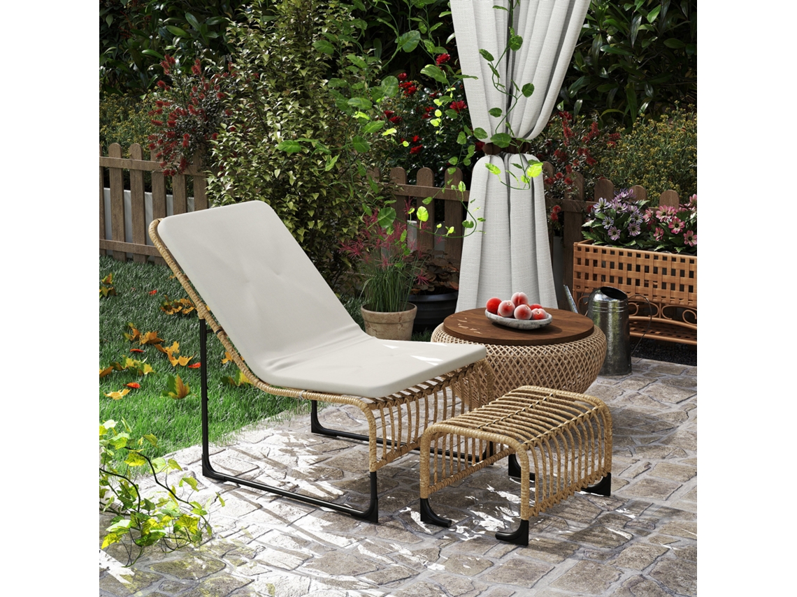 VPMKP - Outsunny conjunto de sillón de jardín en ratán sintético, reposapiés, cojín y estructura de acero, 65x93x80 cm