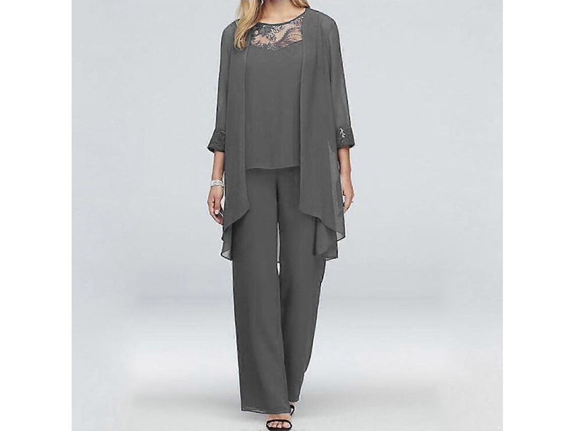 2026-traje De Pantalón Para Madre De La Novia 3 Piezas Conjunto Formal De Novia Chiffon Plus Size 4xl Gris