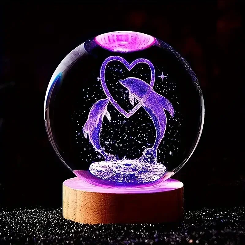 Bola de cristal 3D con forma de delfín y luz de colores, 6 cm, MDUG