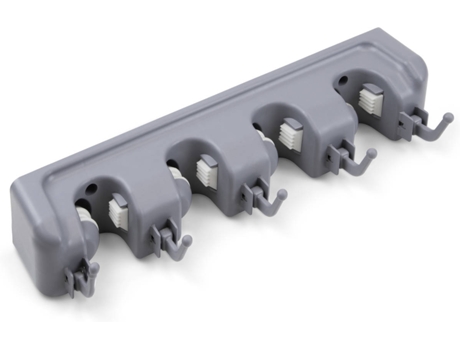 EMUCA Percha para Escobas y Fregonas- Con 5 Ganchos y 4 Huecos- Plástico- Gris