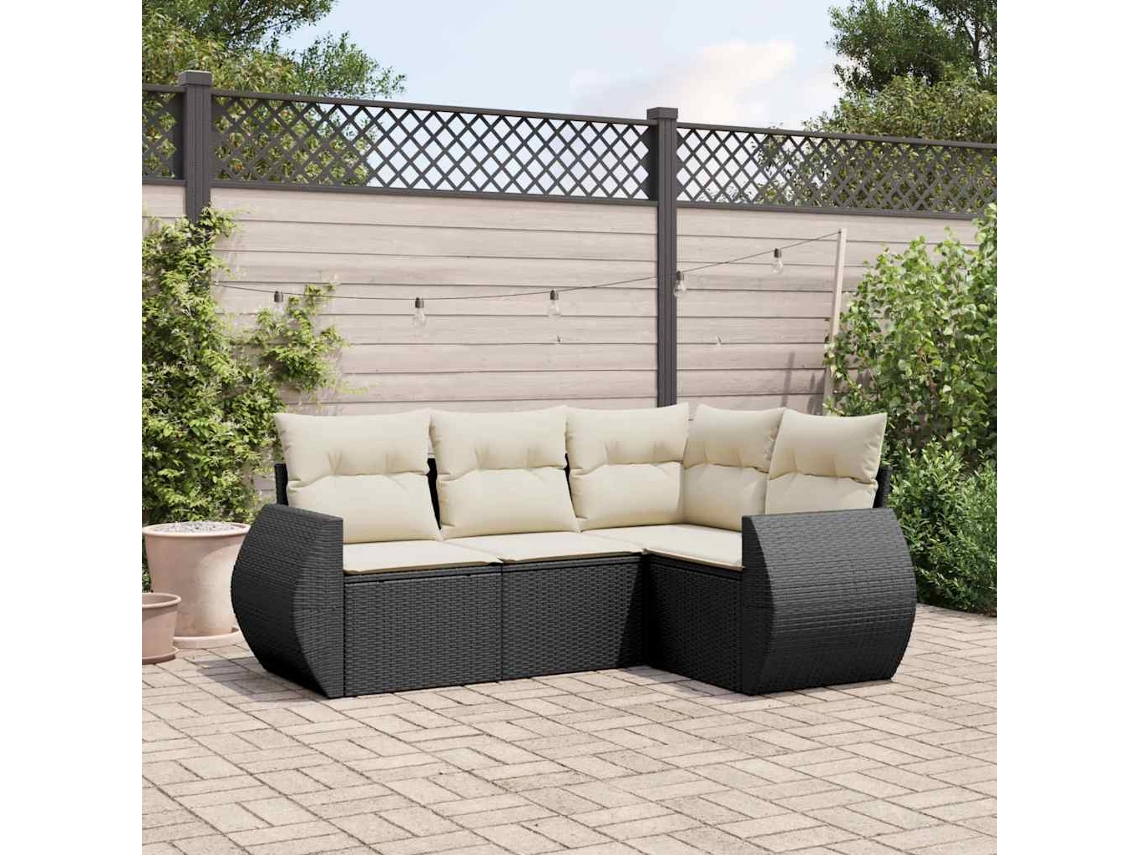 Conjunto de sofá de jardín de 4 piezas con cojines, mimbre sintético negro, Dkd Home Decor