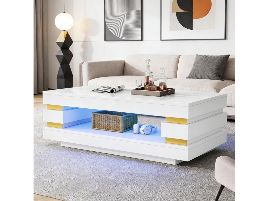 Mesa De Centro De 100x50x35 Cm Con Iluminación Led Calada, Tablero De Partículas Blanco.