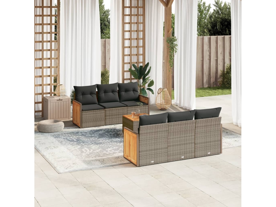 Conjunto de sofá de jardín de 7 piezas con cojines, mimbre gris, DKD Home Decor