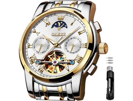 VEANXIN Reloj Tourbillon luminoso de acero inoxidable con fase lunar, mecánico, automático, hueco, resistente al agua, para hombre(oro plata)