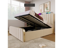 Cama De Terciopelo Beige De 160x200 Con Cabecero Dorado Y Usb-c.