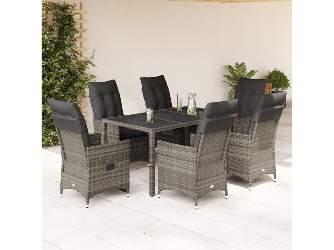 Juego de comedor de jardín de 7 piezas con cojines, mimbre gris, DKD Home Decor