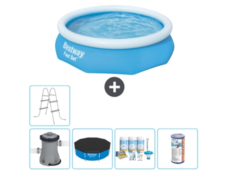 Piscina hinchable redonda Fast Set BESTWAY - 305 x 76 cm - Azul - Bomba incluida Cubrir - Paquete de mantenimiento - Filtrar - Escalera