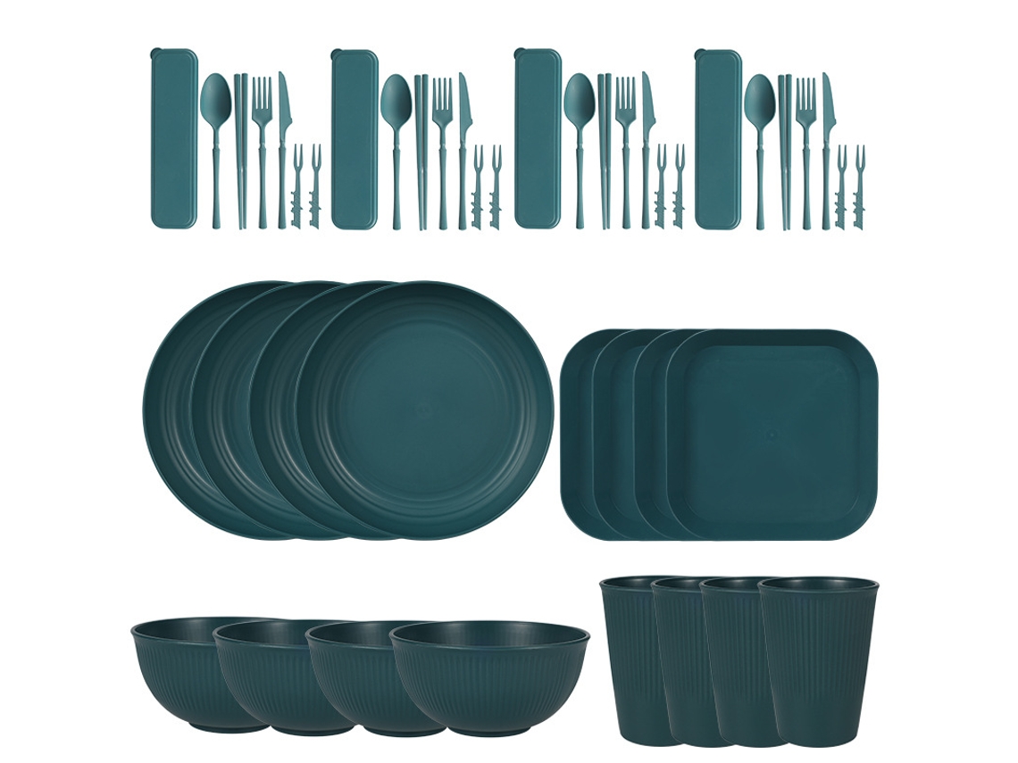 Juego de cubiertos de paja de trigo de 44 piezas, platos y cuencos reutilizables resistentes, verde oscuro (Digitallab)