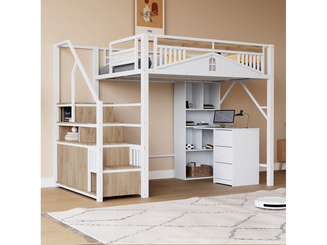 Cama alta de metal de 140 x 200 cm con estructura de seguridad, ventana y escalera, con armario blanco - Mobrio