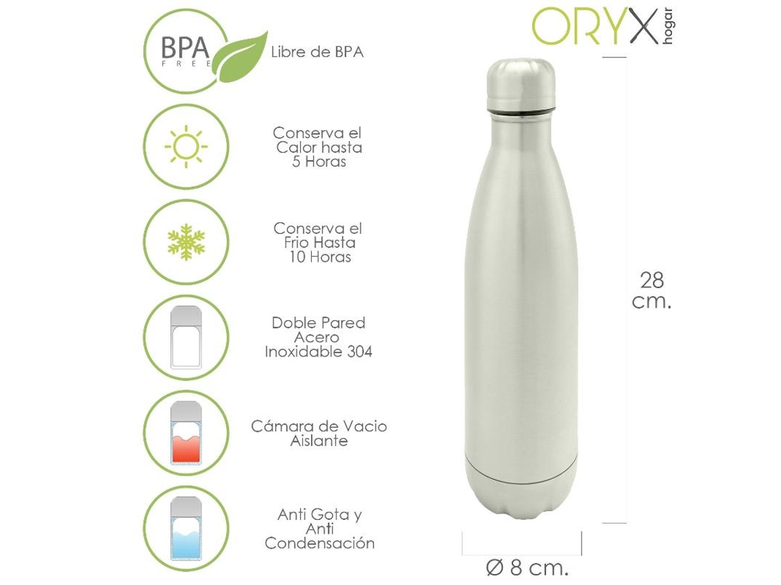 Botella Termica. Capacidad de 500 ML. Libre BPA.  Acero Inoxidable. Antigoteo ORYX